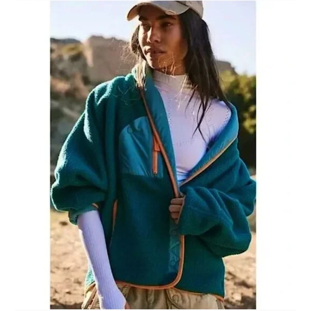 Free People Hit The Slopes Fleece Shawl Jacket Teal XS Oversized Sherpa‎ Cozy